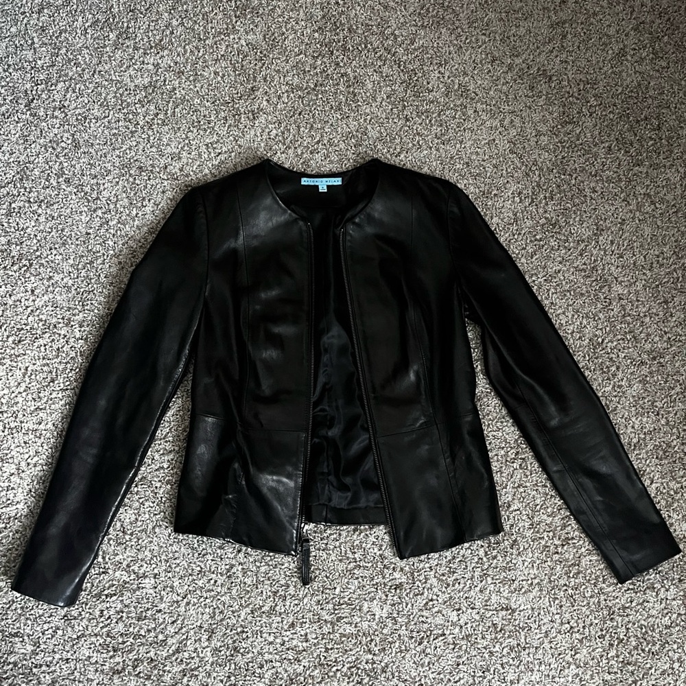 ANTONIO MELANI Black Leather Collarless Zip Jacket